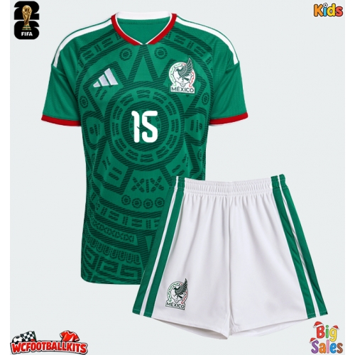 Mexico Israel Reyes #15 Replica Home Stadium Kit for Kids World Cup 2026 Short Sleeve (+ pants)